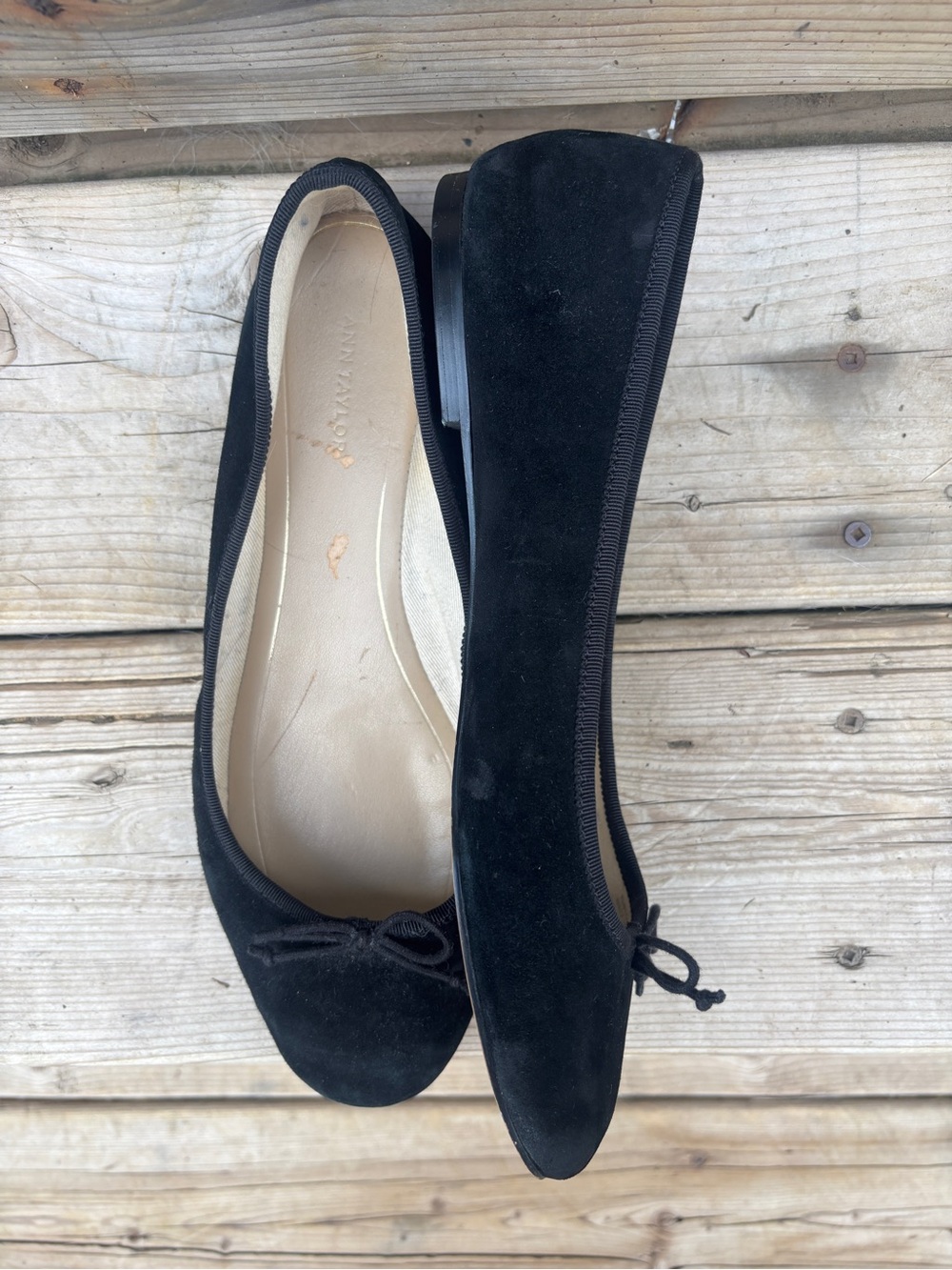 Ann Taylor Black Suede Ballet Flats with Bow Trim